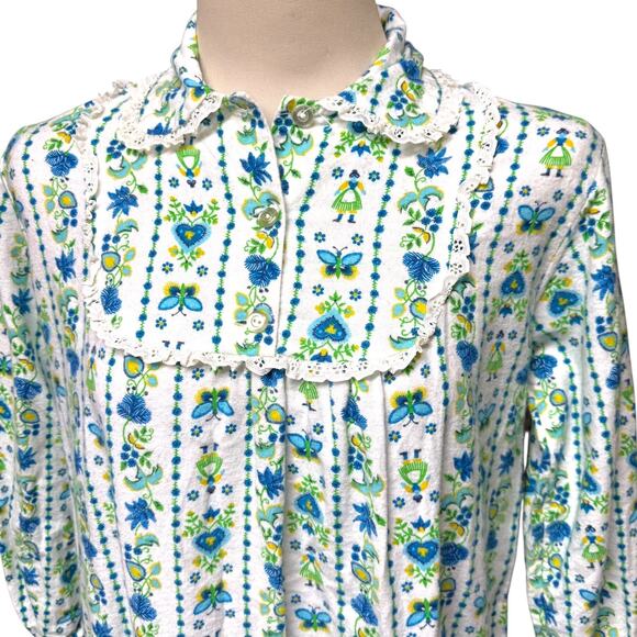 Vintage Long Flannel Nightgown Made in USA White Blue Yellow Medium - Picture 2 of 5
